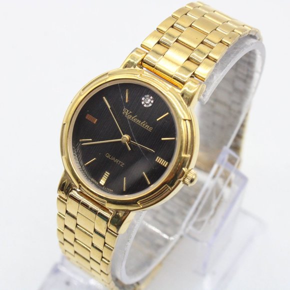 Vintage Valentino Watch Womens Gold Tone Steel Classic Black Quartz Round Dial - Picture 1 of 8